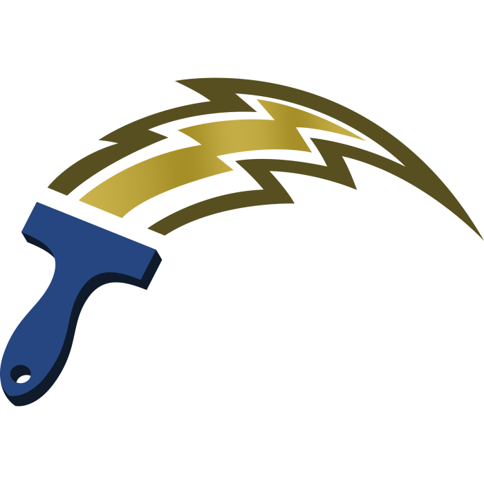The Storms Painting Logo - a blue paintbrush handle with a golden lightning bolt effect.